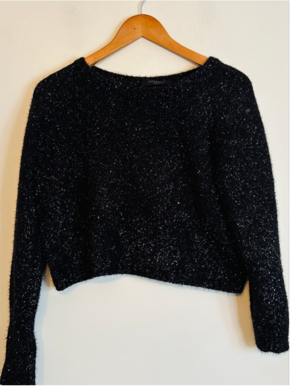 AllSaints Black & Silver Shimmer Crew Neck Long Sleeve Sweater Size S Minimalist